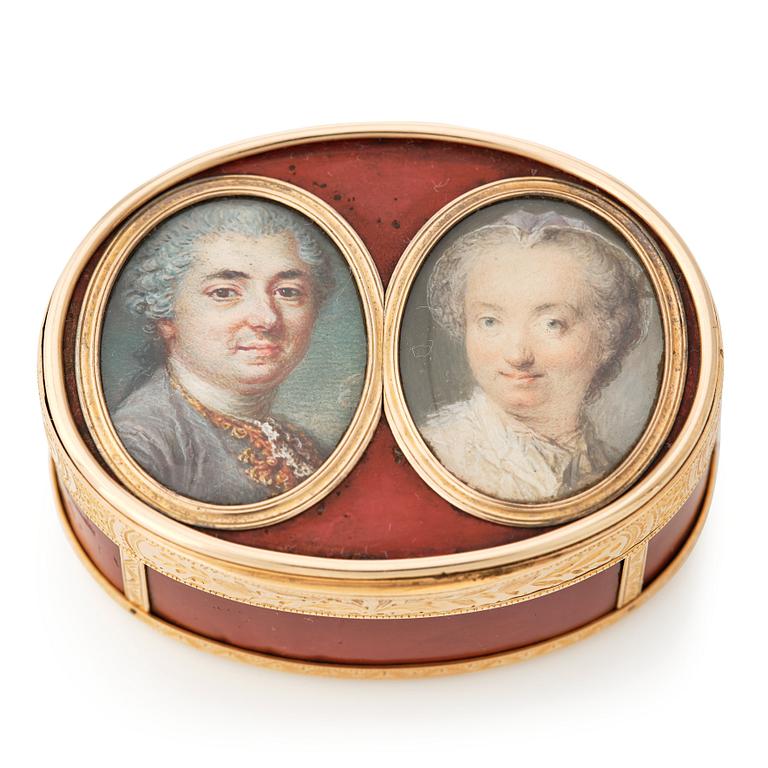 A French 18th century gold and red lacquer box, marked in Paris 1777-1778.