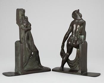A pair of Axel Gute patinated bronze bookends, Herman Bergman, Sweden 1920's.