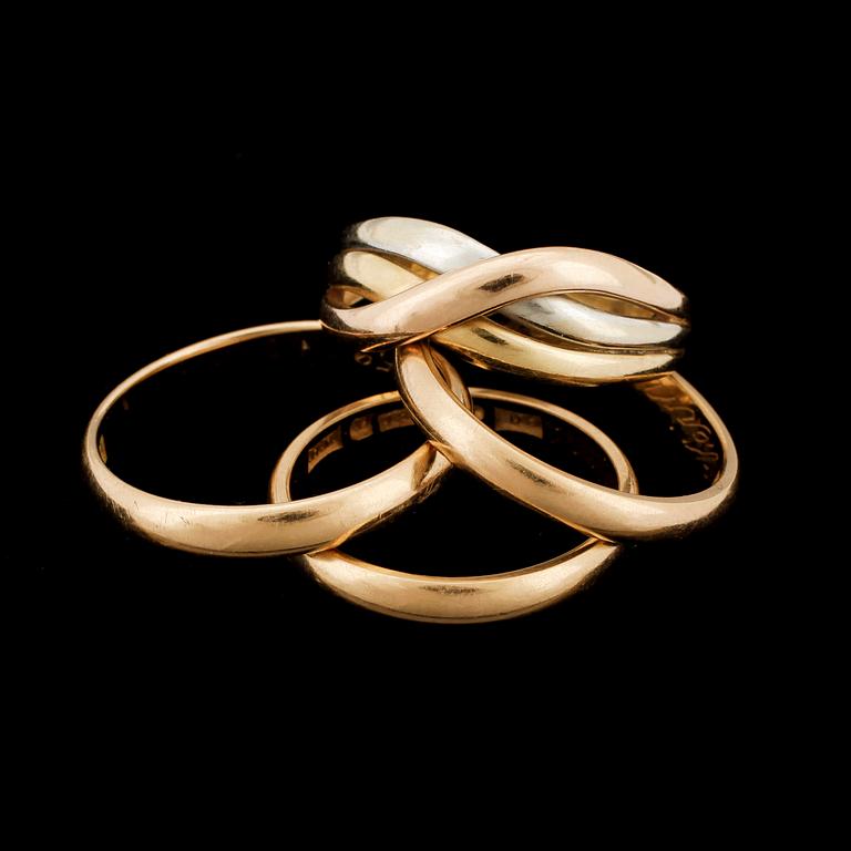 RINGAR, 4 st, guld 18K, 1900-tal. Tot ca 13,5 gram.