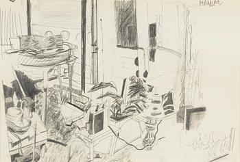 Malcolm Morley, blyerts/kol på papper, signerad, utförd på 1970-talet.