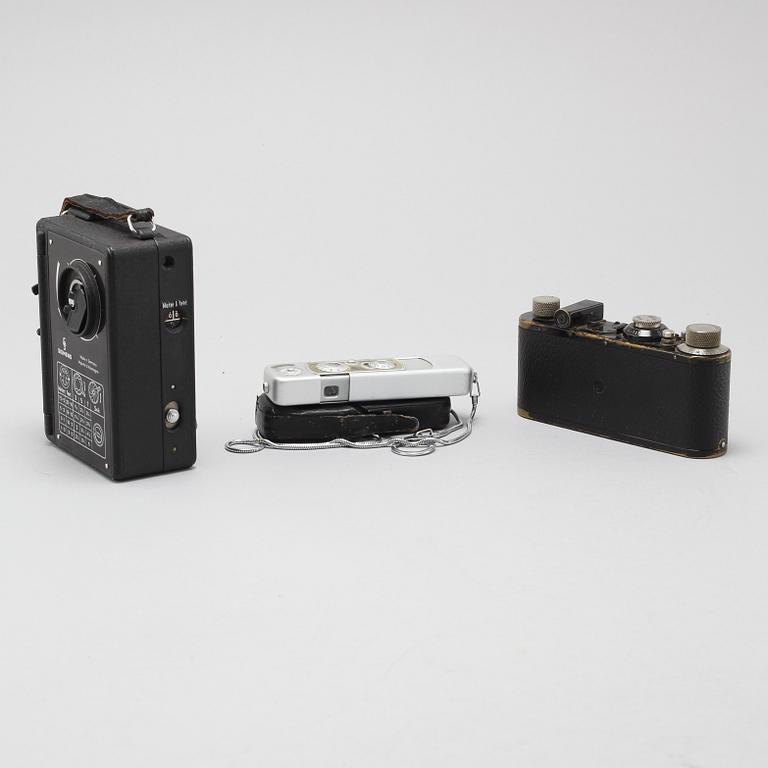 Three cameras, partly Leica I camera, model A, Elmar, 1930s.