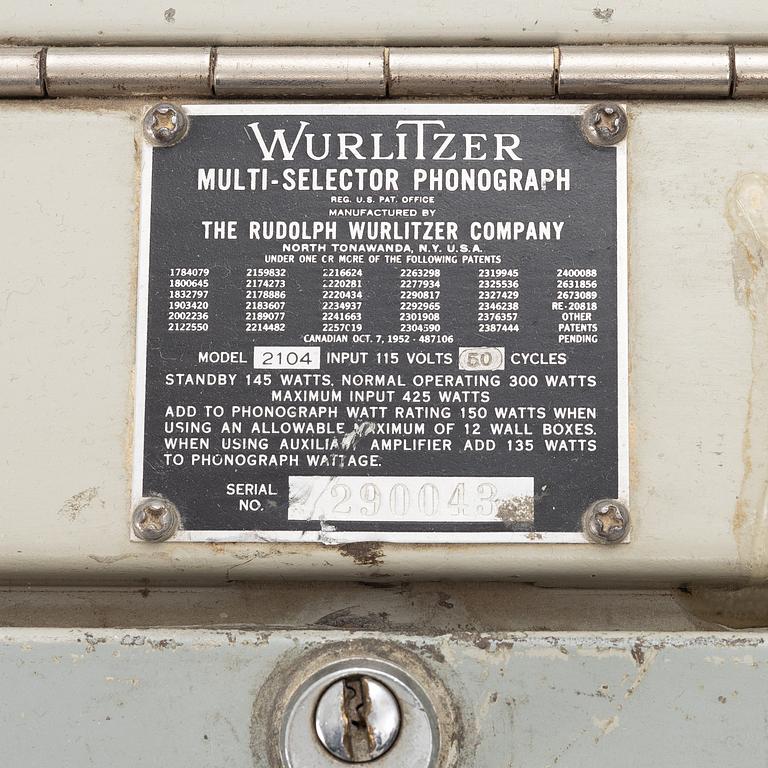Jukebox, Wurlitzer, modell 2104, Rudolph Wurlitzer Company, North Tonawanda, New York, USA, 1957.