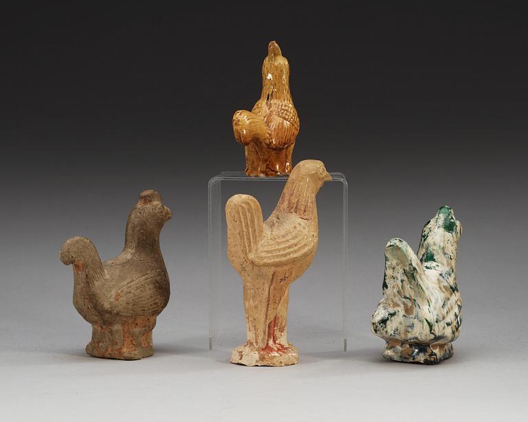 A set of four pottery models of roosters, Han, Tang and Liao dynasty.