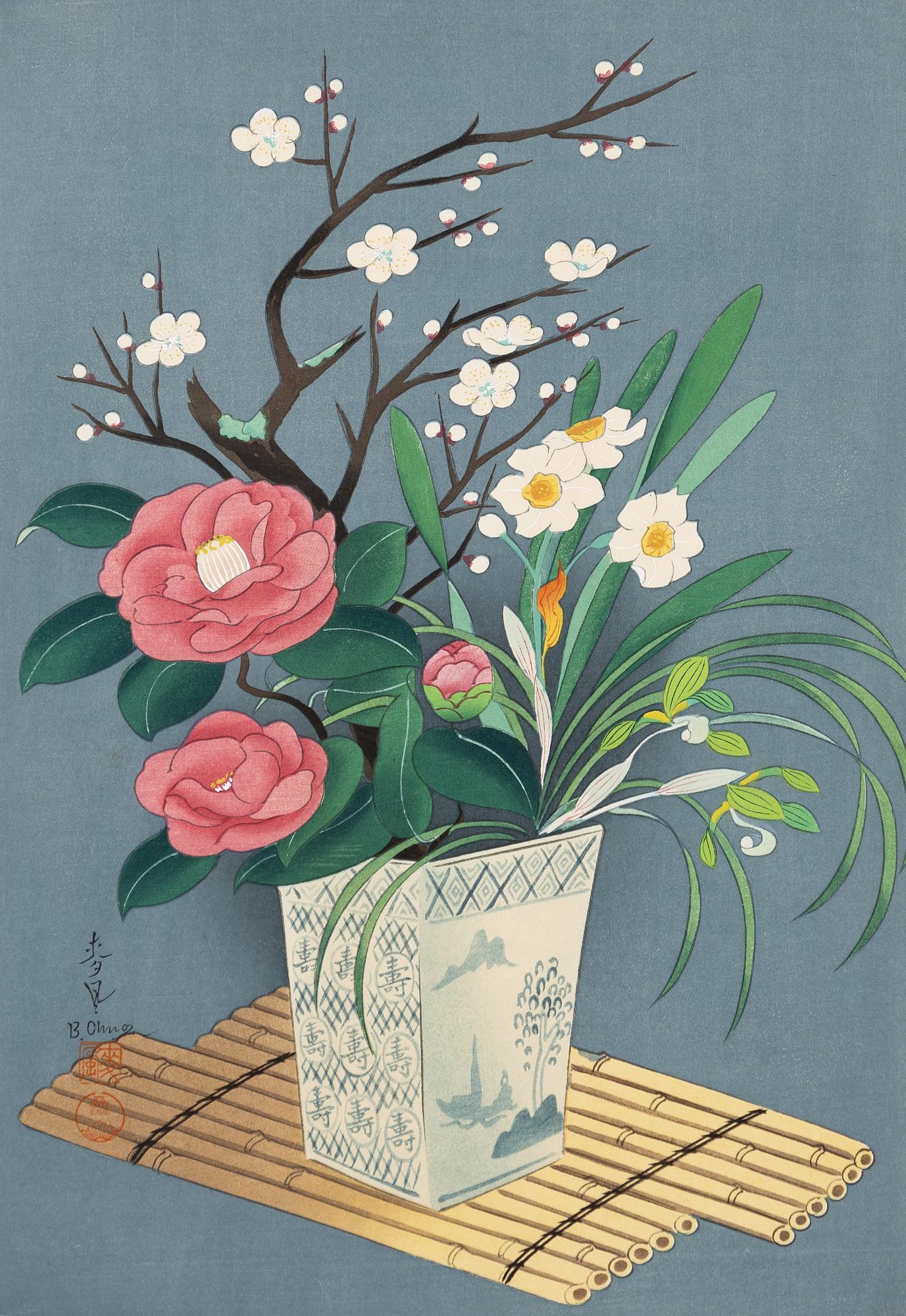 Ohno Bakufu, Motif of a bird and flowering roses, and a vase with prunus, peonies, daffodils and an orchid.