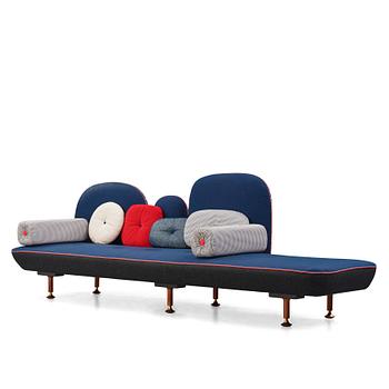 Nipa Doshi & Jonathan Levien, a "My Beautiful Backside" sofa, Moroso, Italy, post 2008. Dressed in anthracite grey and blue textiles. Loose armres...