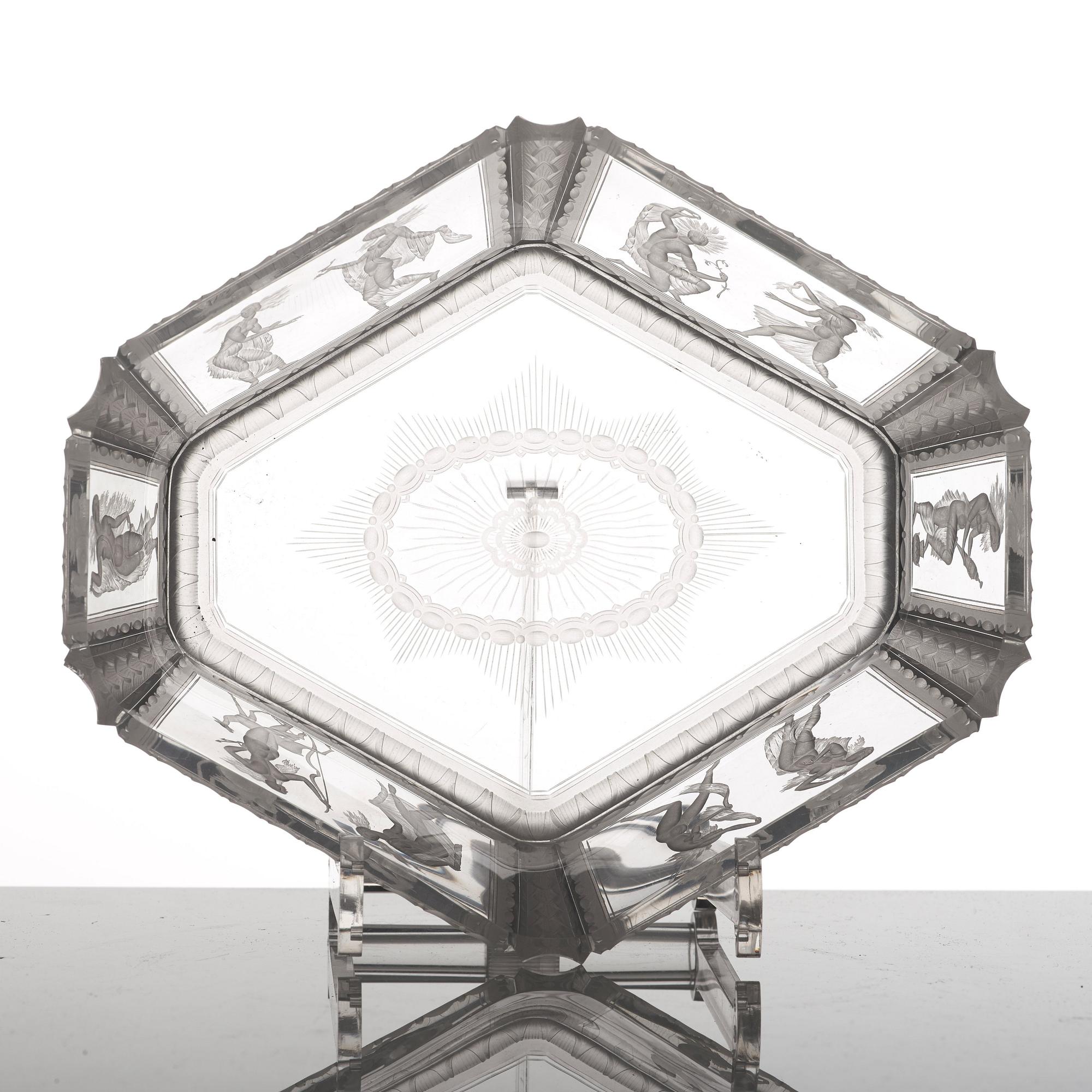 Simon Gate, an hexagonal engraved bowl, Orrefors, Sweden 1922, engraved by Richard Bayer, model nr 237.