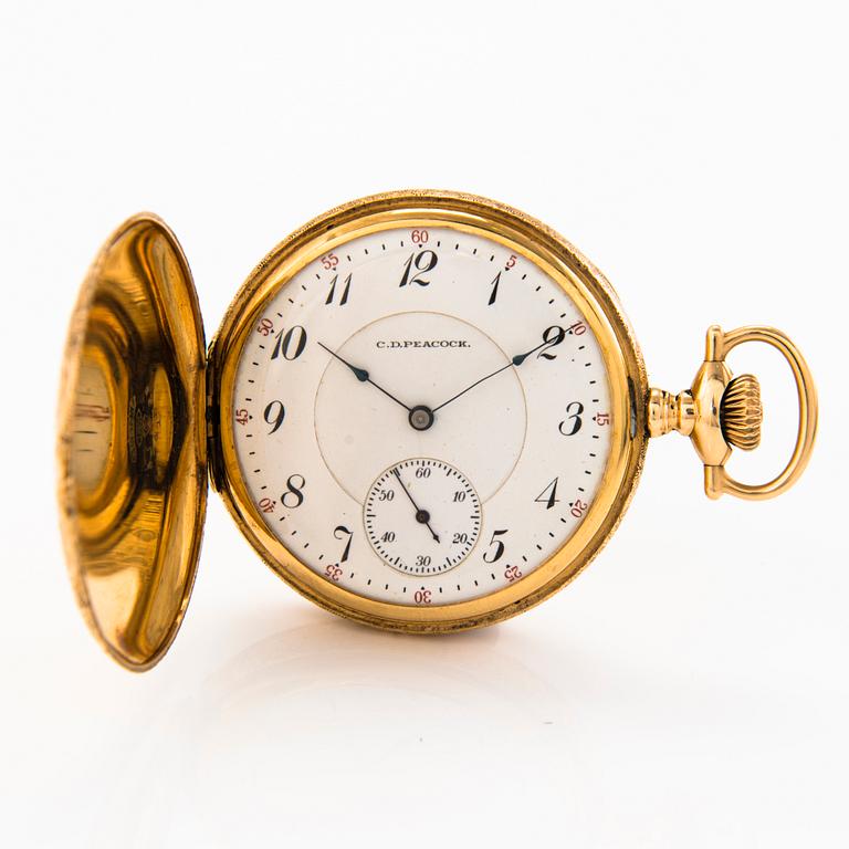 A 14K gold C.D. Peacock Keystone pocket watch with a diamond ca 0.11 ct, 47 mm.