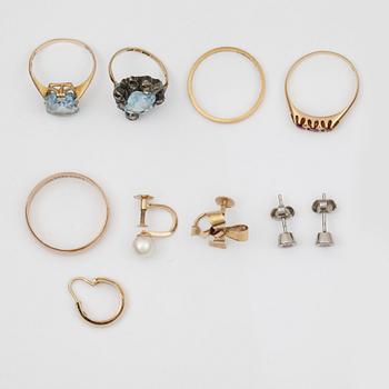 PARTI SMYCKEN, 9 delar, bl.a. 18k guld. Total vikt ca 18 gram.