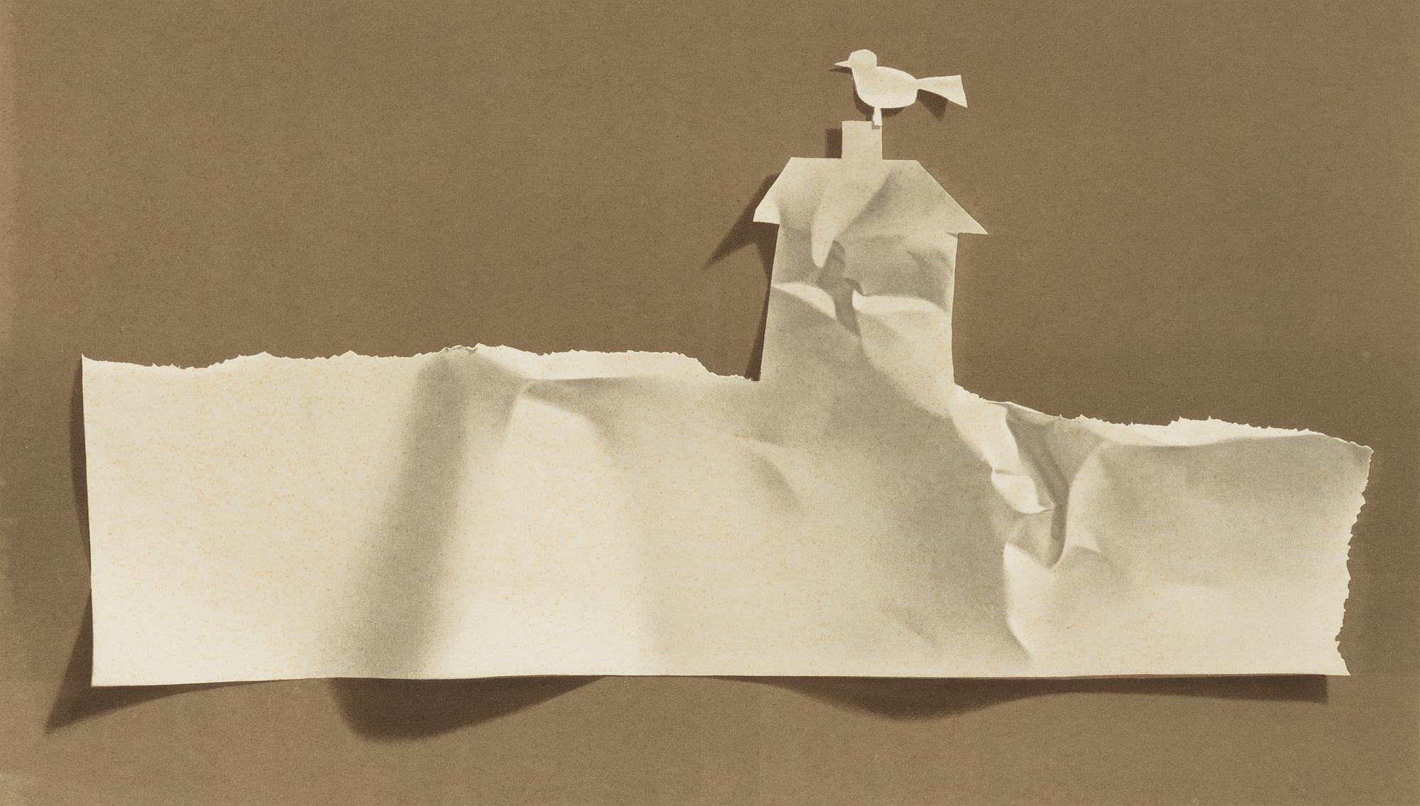 Yrjö Edelmann, paper sheet with a cut-out house and bird.