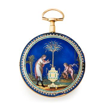 A Louis XVI gold and enamel pocket watch.