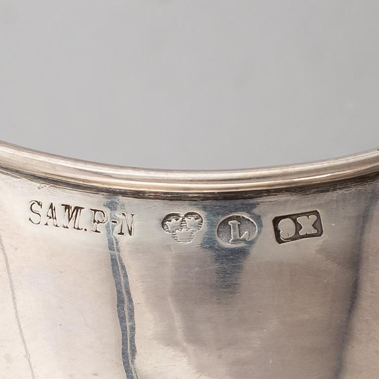 A swedish silver coffee pot, creamer sugar box and sugar tongs, mark of Samuel Pettersson, Linköping 1900.