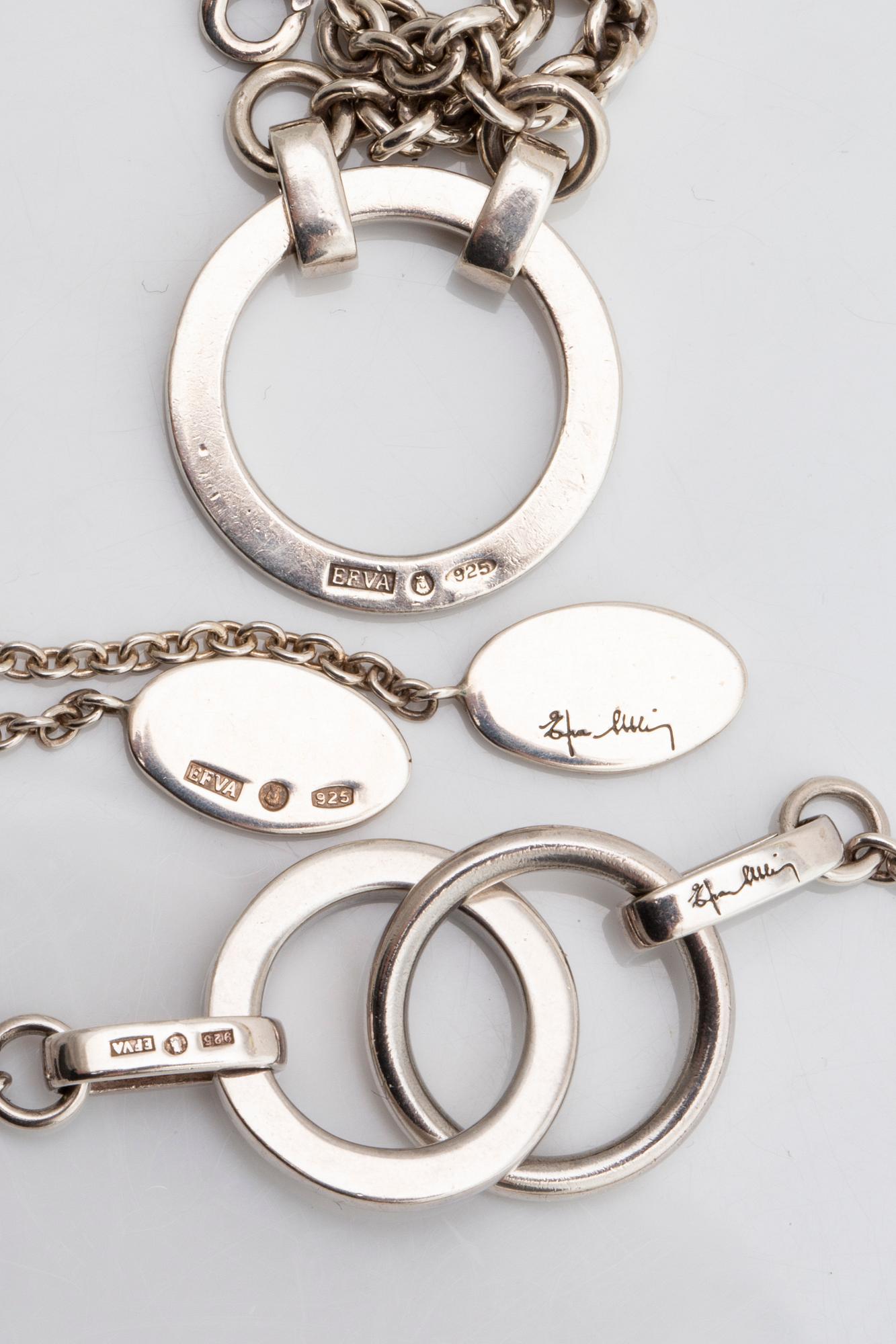 Efva Attling silversmycken 3 delar, 2 collier och 1 armband, sterling silver, original etui.