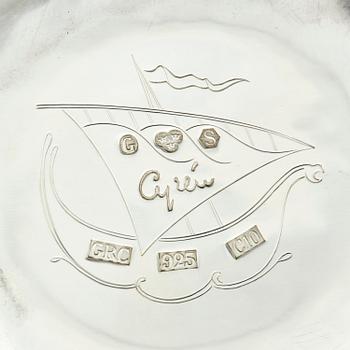 Gunnar Cyrén, "Stornäbb" (large beak), a unique sterling silver bowl with sapphires and glass, Gävle, Sweden 1977.