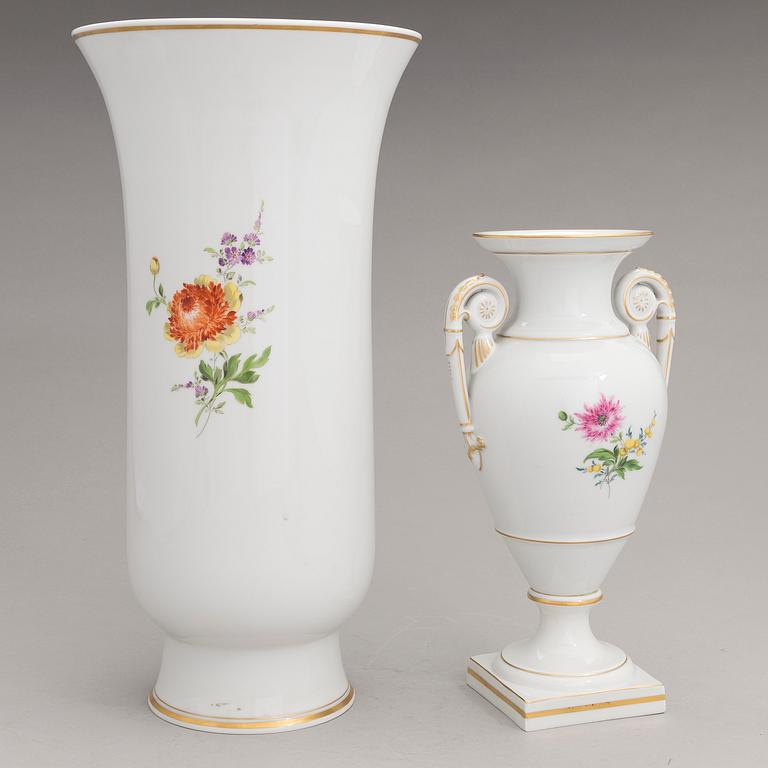 Two Meissen porcelain vases, a platter, an urn and a lidded box from the latter half of 20th century.