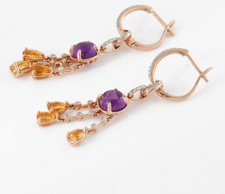 A pari of amethyst, citrine and brilliant-cut diamond earrings.