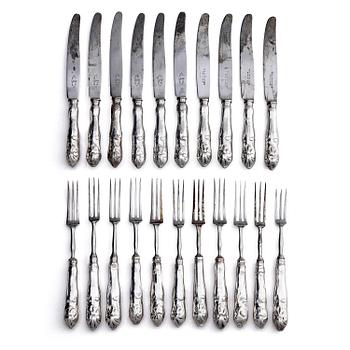 318. A Swedish set of 21 piece silver table-cutlery, marks of Isak Trybom, Stockholm 1766-1783.