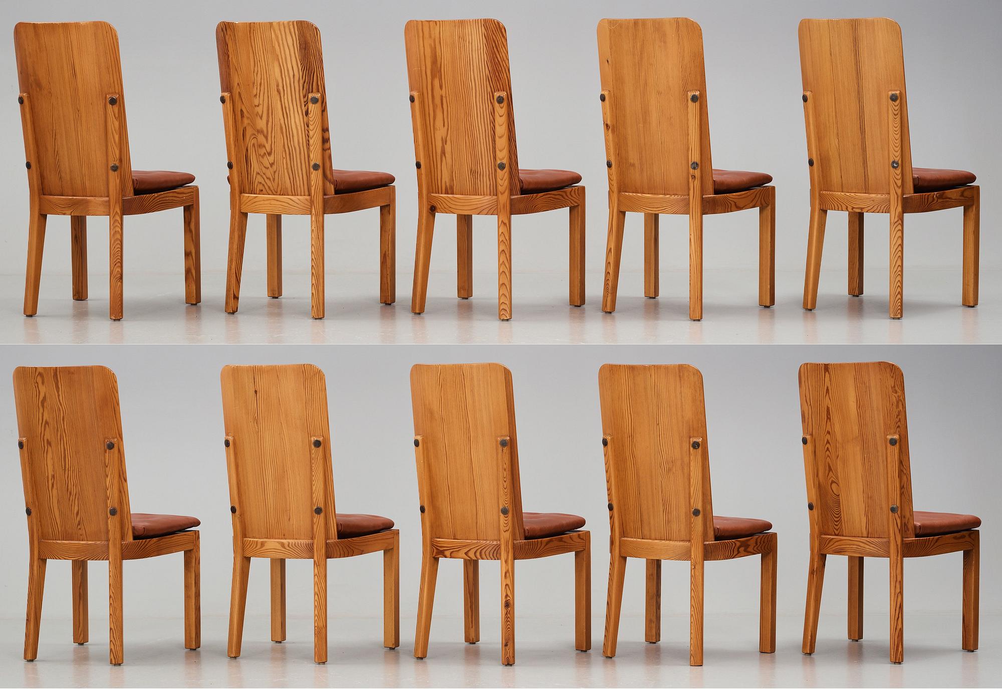 Axel Einar Hjorth, a set of ten "Lovö" stained pine dining chairs, Nordiska Kompaniet, Sweden 1930's.