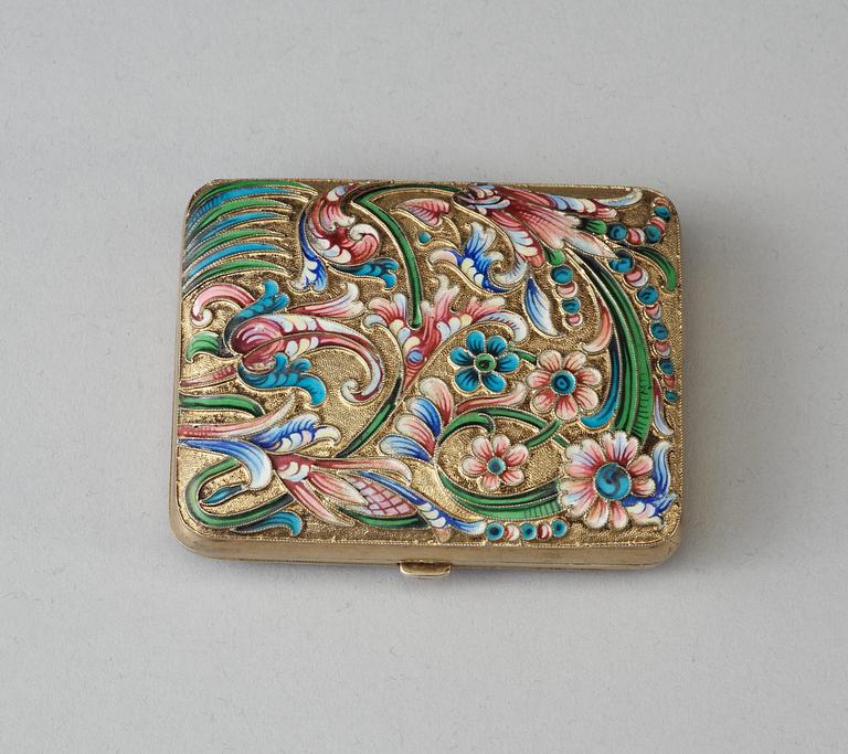 A Russian silver-gilt and enamel cigarette-case, makers mark of Nikolaj Swerew, Moscow 1896-1908.
