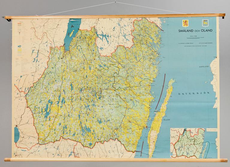 SKOLKARTA, "Småland & Öland", Norstedts, 1900-talets mitt.