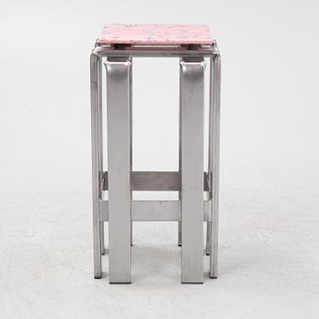 Stamuli, Stamuli & Alessandro Bruzzone, a stool, Greenhouse Bar for Stockholm Furniture Fair 2024. Frame in bent steel, seat in recycled plastic, stamp-signe...