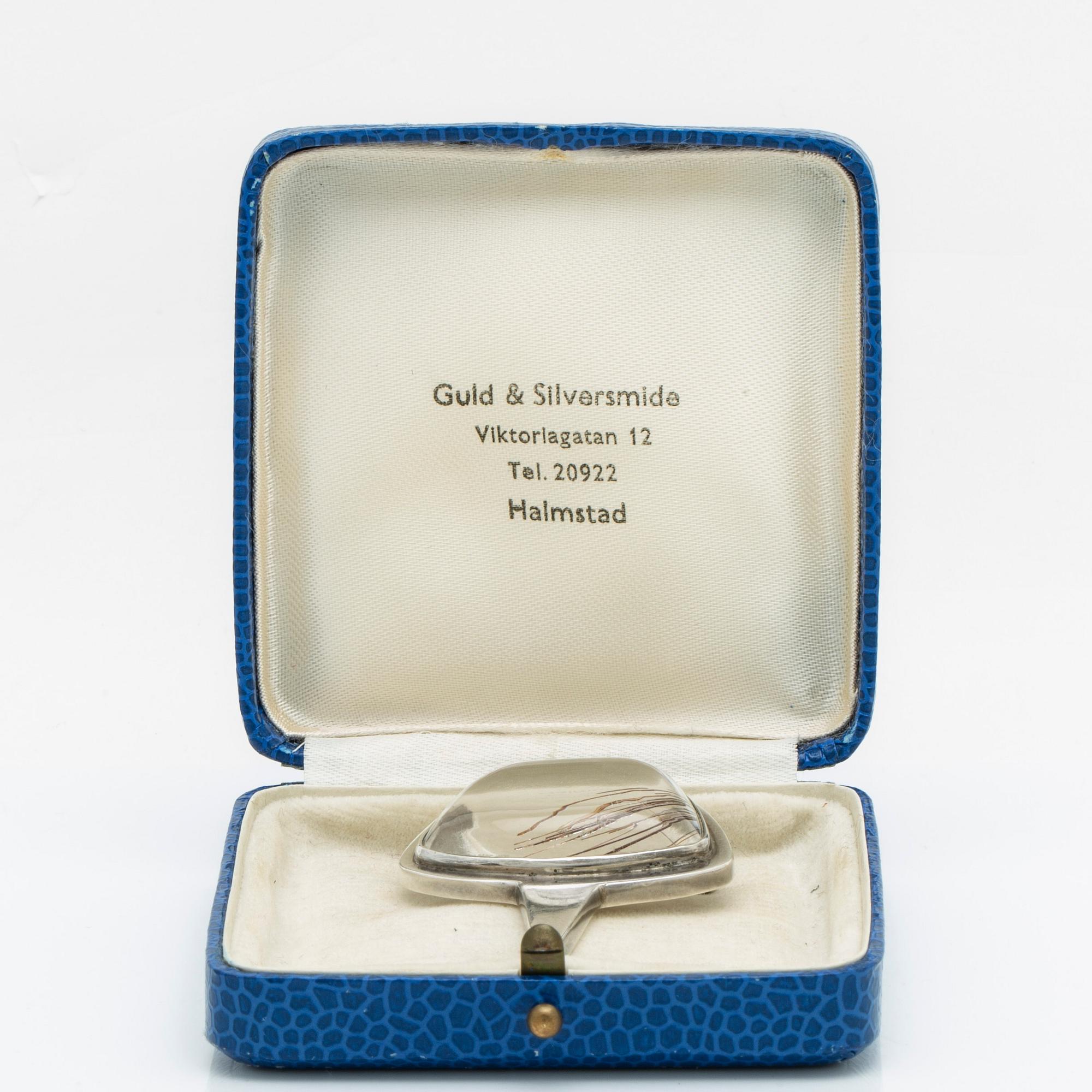 Brooch sterling silver rutile quartz, brooch approx 6 x 4 cm, Guld och Silversmide Gunnar Nilsson Halmstad 1957.