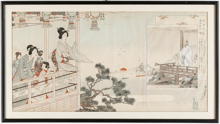 OKÄND KONSTNÄR, träsnitt, triptyk, Japan, omkring 1900.