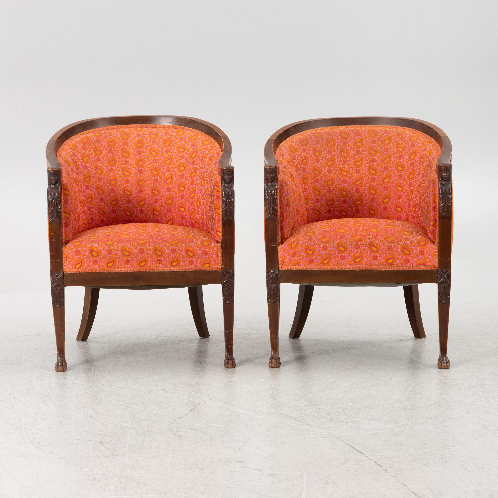 Fåtöljer ett par, empirestil, omkring år 1900.