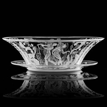 Simon Gate, a Swedish Grace engraved glass bowl with stand, Orrefors 1930, model 147, engraved by Karl Rössler.