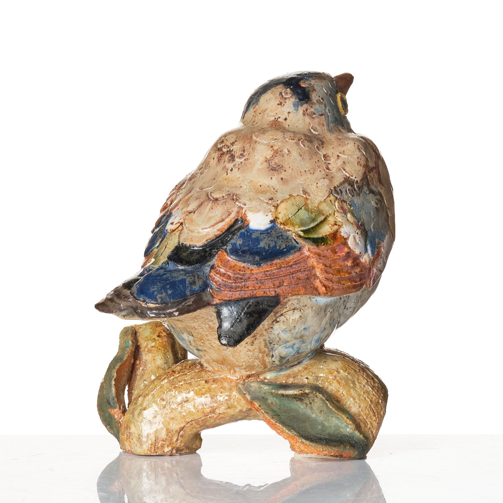 Tyra Lundgren, skulptur, fågel på gren, Gustavsberg 1940-tal.