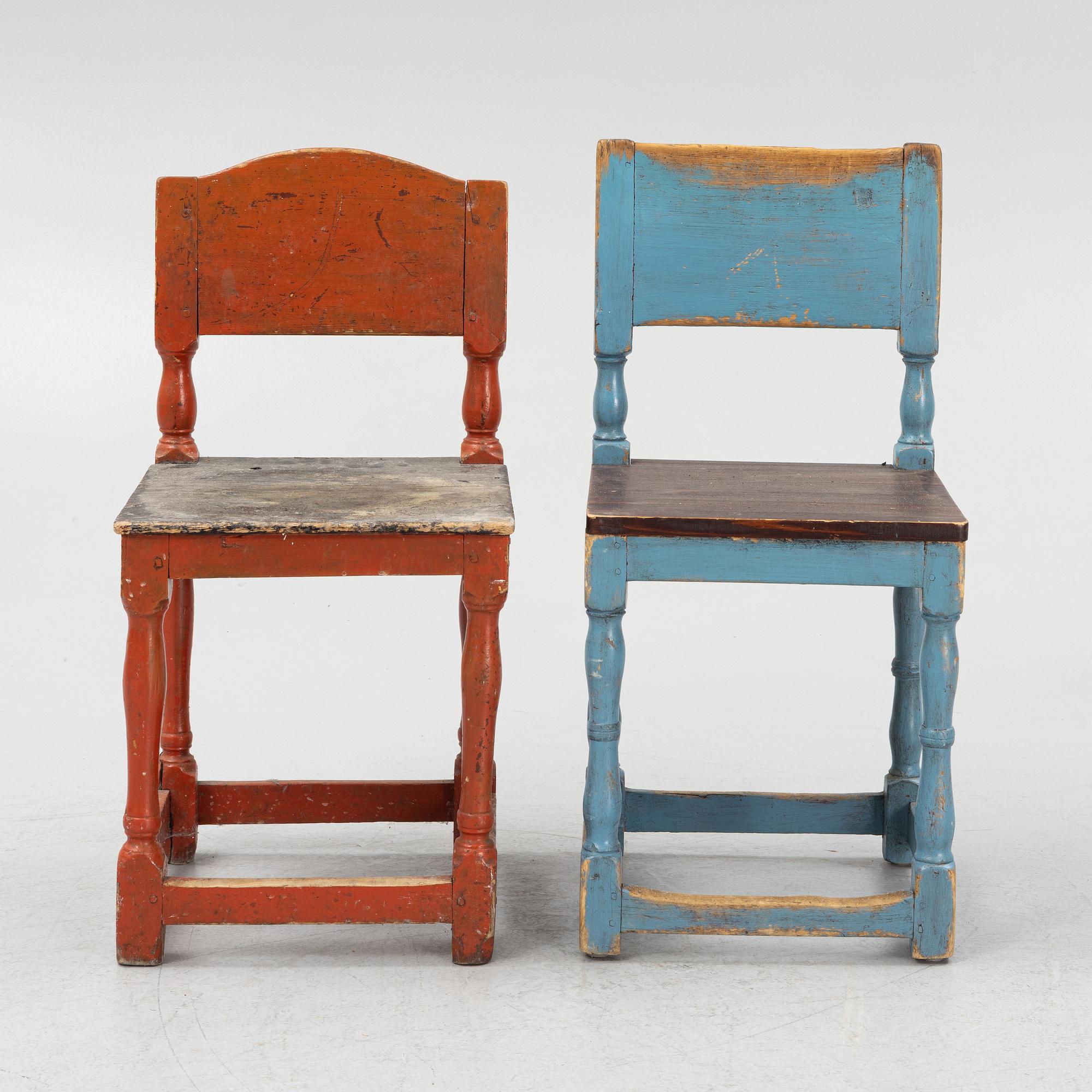 Chairs, five pieces, similar, folk art, late 19th century.