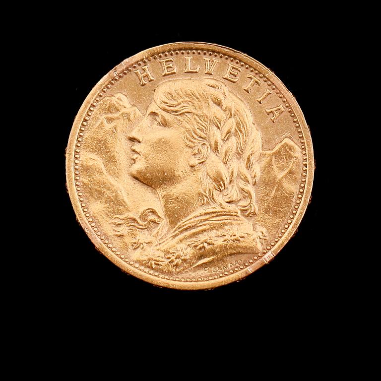 GULDMYNT, 20 franc, Schweiz, 1910. Vikt ca 6 gram.