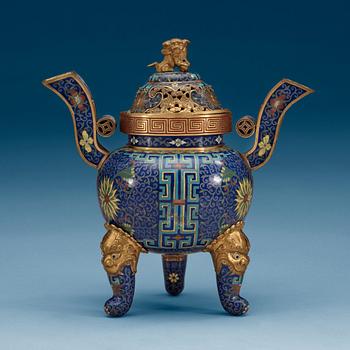 1366. A cloisonné tripod censer, late Qing dynasty (1644-1912). Cover marked Lao Tian Li.