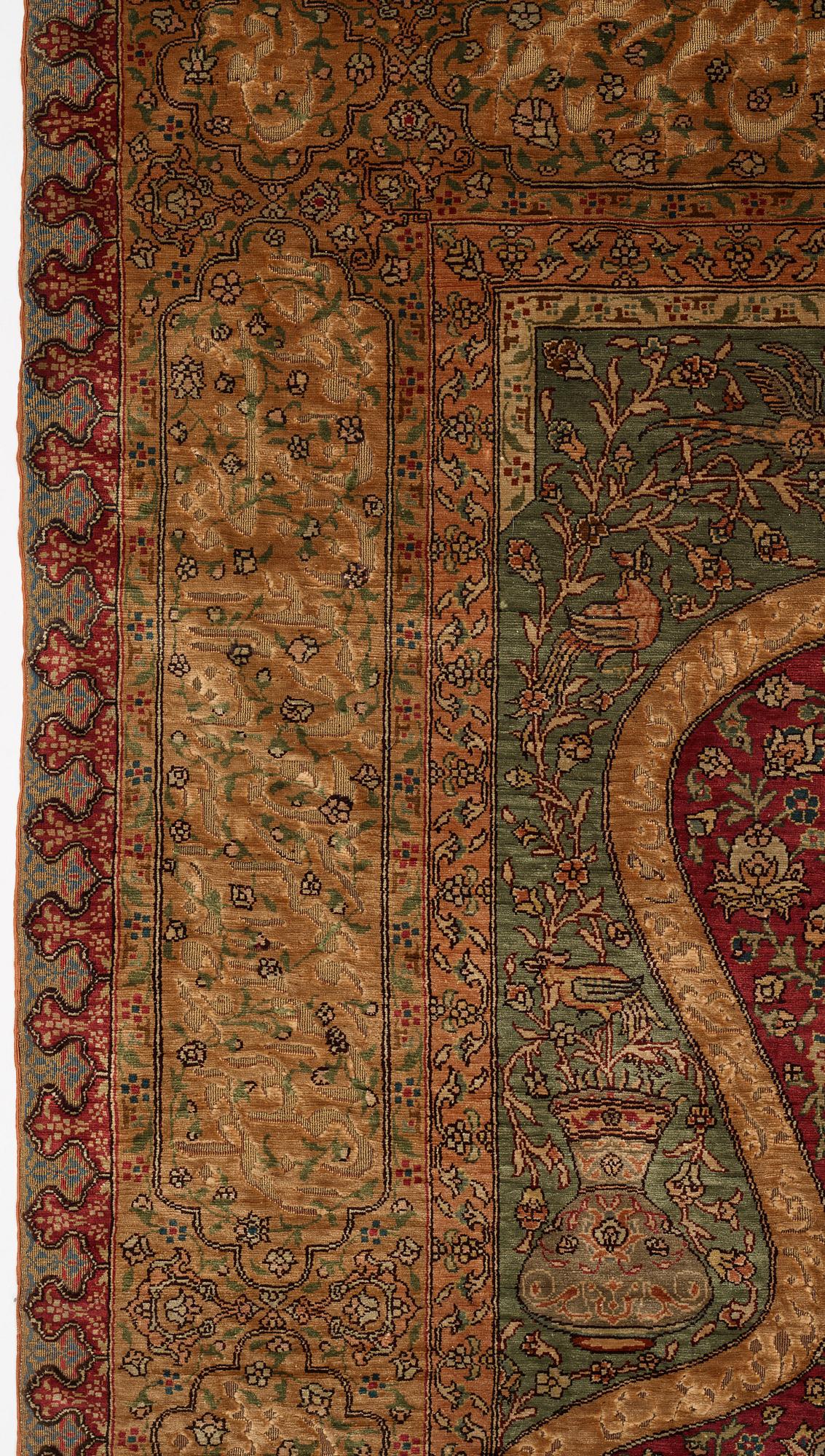 Matta, antik silke Kum Kapi med metallbroschering, Istanbul omkring 1910, "Sultan's Head Prayer" design.