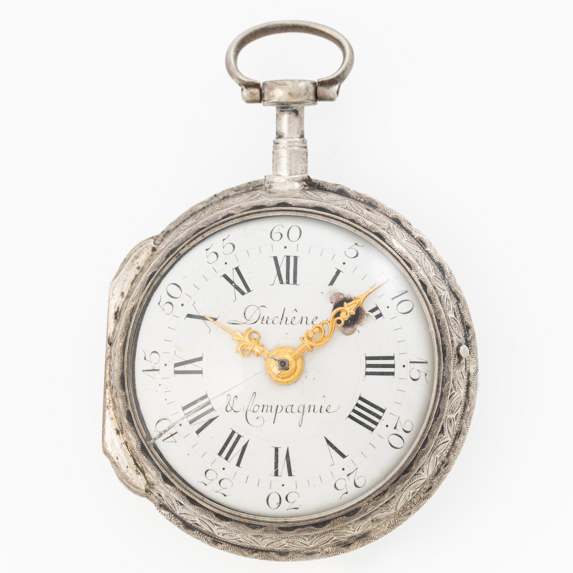 A silver Louis XV pocket watch by  Duchene & Compagnie, Geneva, mid 18th century.
