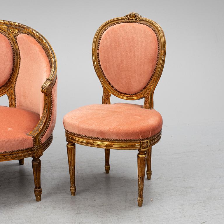 A sofa and a pair of chairs, Louis XVI-style, late 19th century.