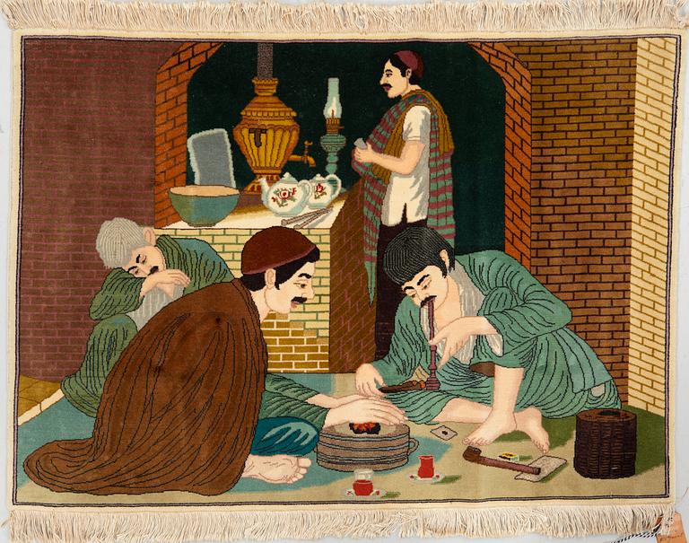 Carpet, Tabriz, semi-antique, figural, approx. 115 x 80 cm.