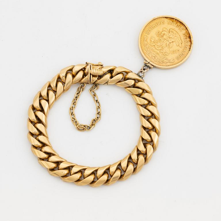 Armband, 18K guld, pansarlänk med mexikanskt guldmynt 20 pesos 1917.