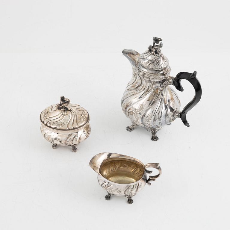 Kaffeservis, 3 delar, silver, rokokostil, CG Hallberg, Stockholm 1948.