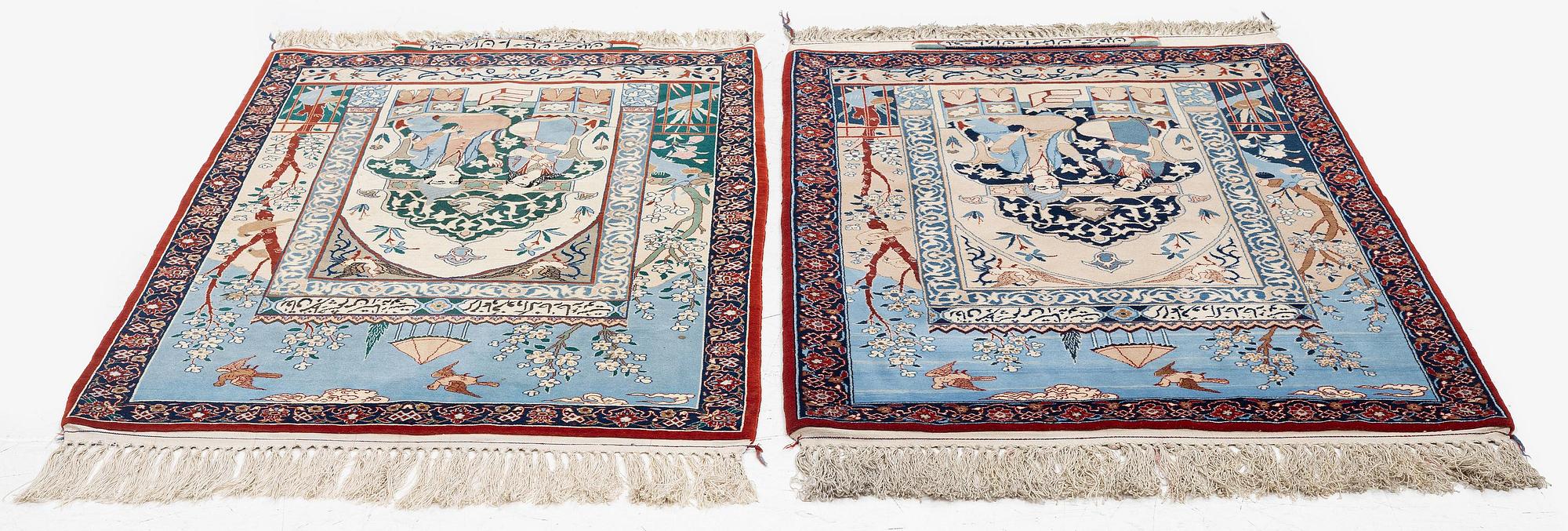 Mattor, ett par, figurala, Isfahan, centrala Persien, signerade (Mohammad) Seirafian, ca 120 x 77 resp 114 x 74 cm.