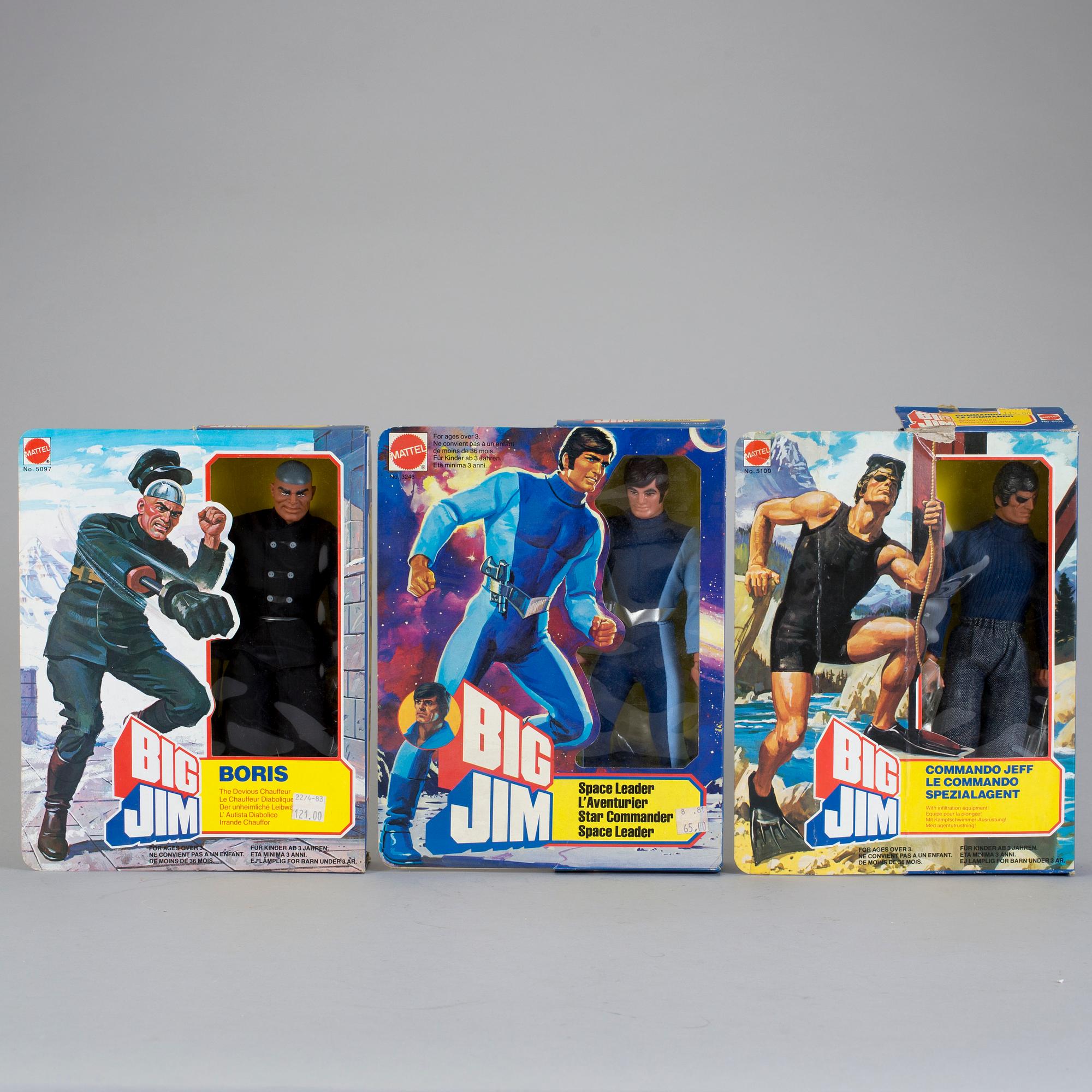BIG JIM, Boris, Commando Jeff samt Space Leader i förpackningar, Mattel, 1981.