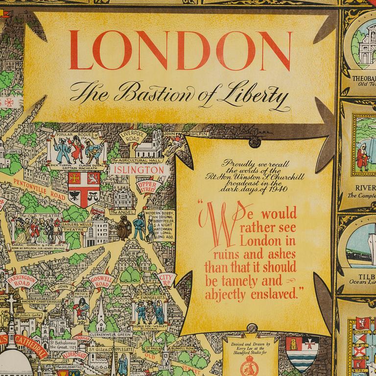 KERRY LEE, a lithographic poster/map, 'London The Bastion of Liberty', mid 20th century.