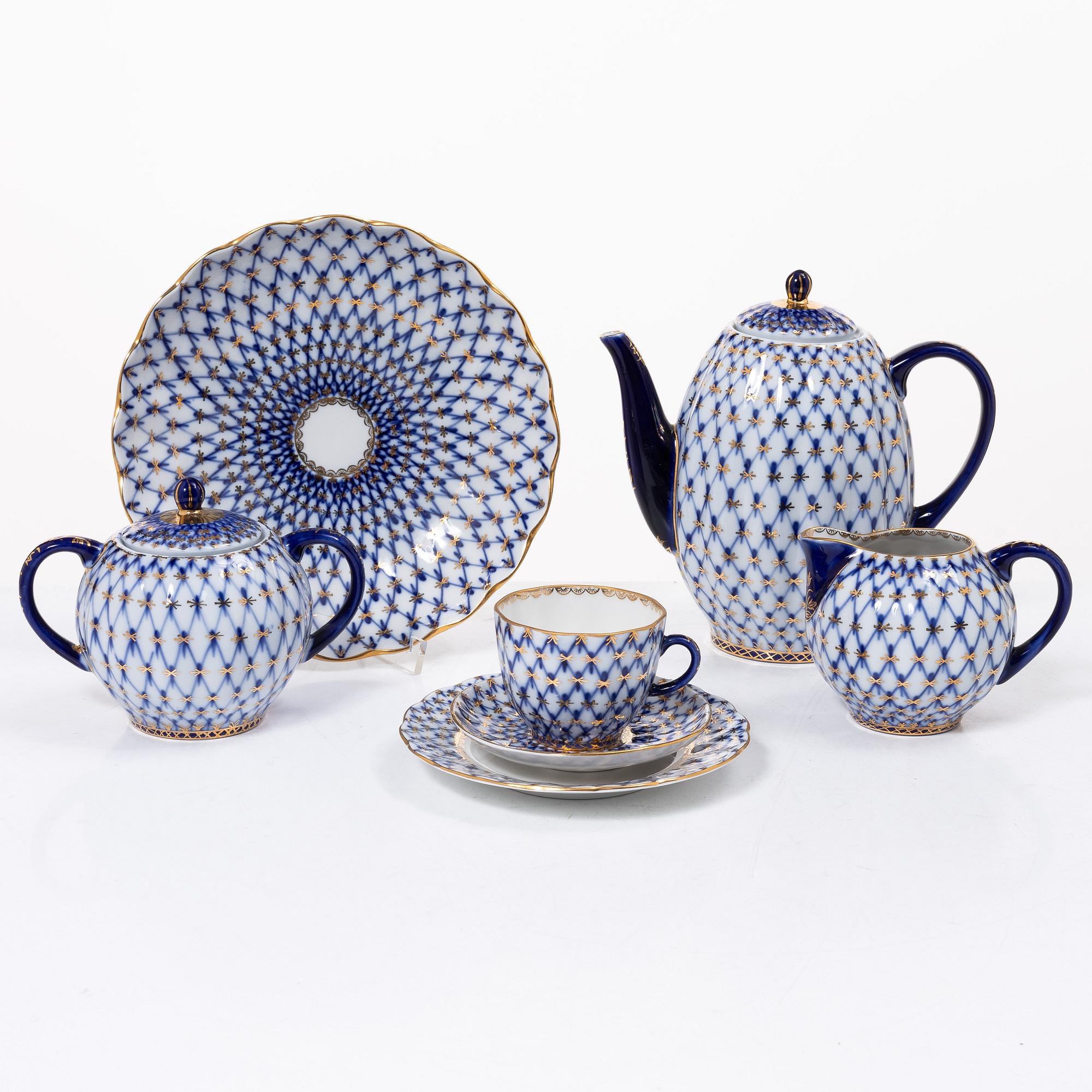 Kaffeservis, 16 delar, porslin, "Cobalt Net", Lomonosov, Sovietunionen.