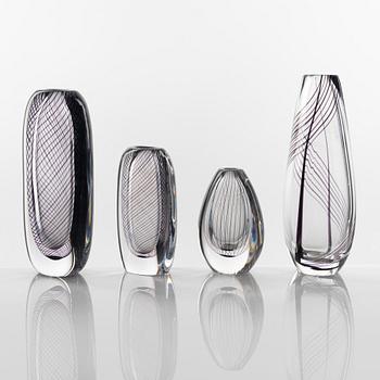 Vicke Lindstrand, four glass vases, Kosta.