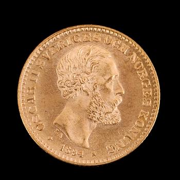 GULDMYNT, 10 kronor, Oscar II, 1894.  Vikt ca 5 gram.