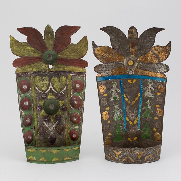 TWO WALL LIGHTS, tin plate, ca 1900.