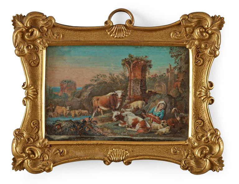 Nicolaes Berchem Hans efterföljd, Pastoralt landskap med herdinna och kreatur.