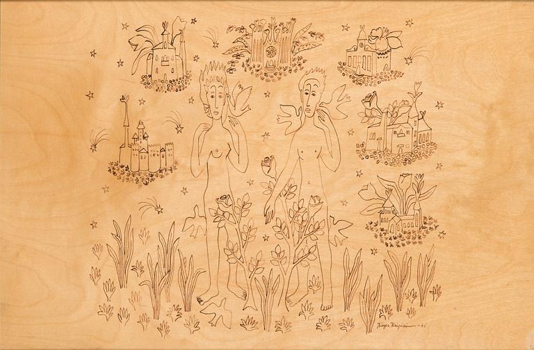 Birger Kaipiainen, drawing, ink on plywood, signed and dated -46.