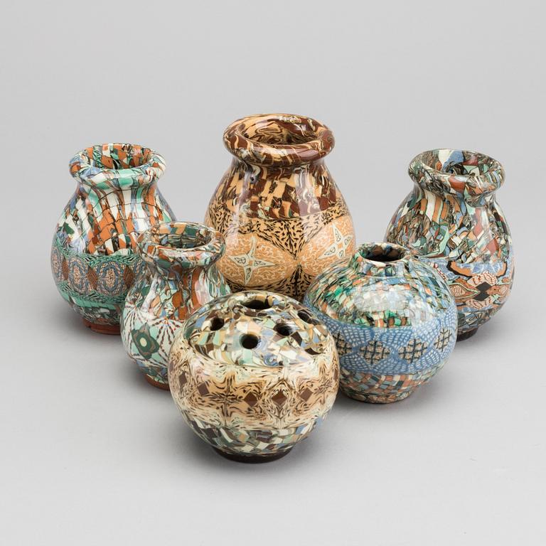 A set of 6 pcs of vases and a bowl, stonewere, Gerbino Vallauris.
