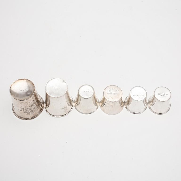 BÄGARE, 6 st, Silver, bland annat Hugo Strömdahl, Stockholm, 1957. Total vikt ca 272g.