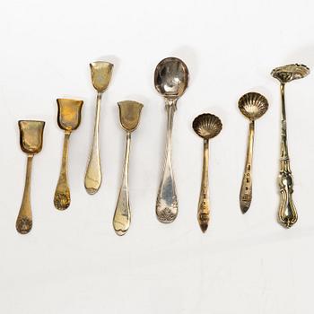 Butter dish, three pairs of salt spoons, and two mustard spoons, Sweden, 19th Century.